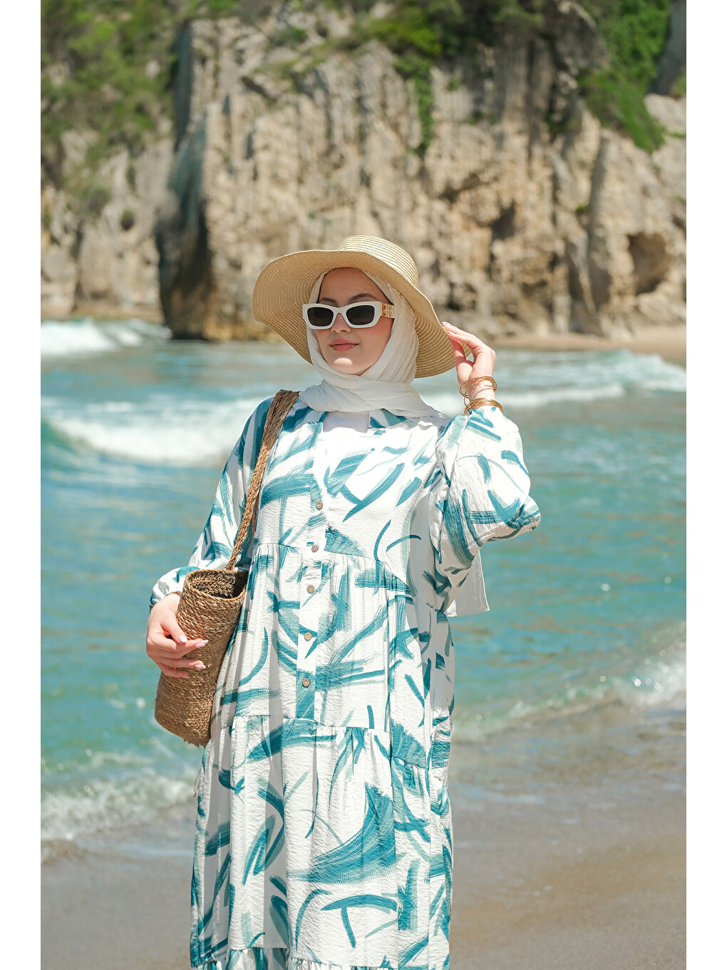 Kadın Fırça Desen Elbise Yeşil-4