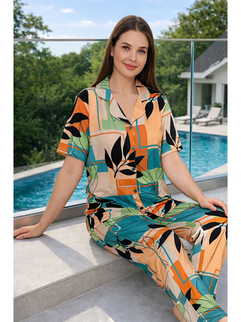 Kadın Kısa Kol Elastanlı Viskon Pijama Takımı 0156 Turuncu-3