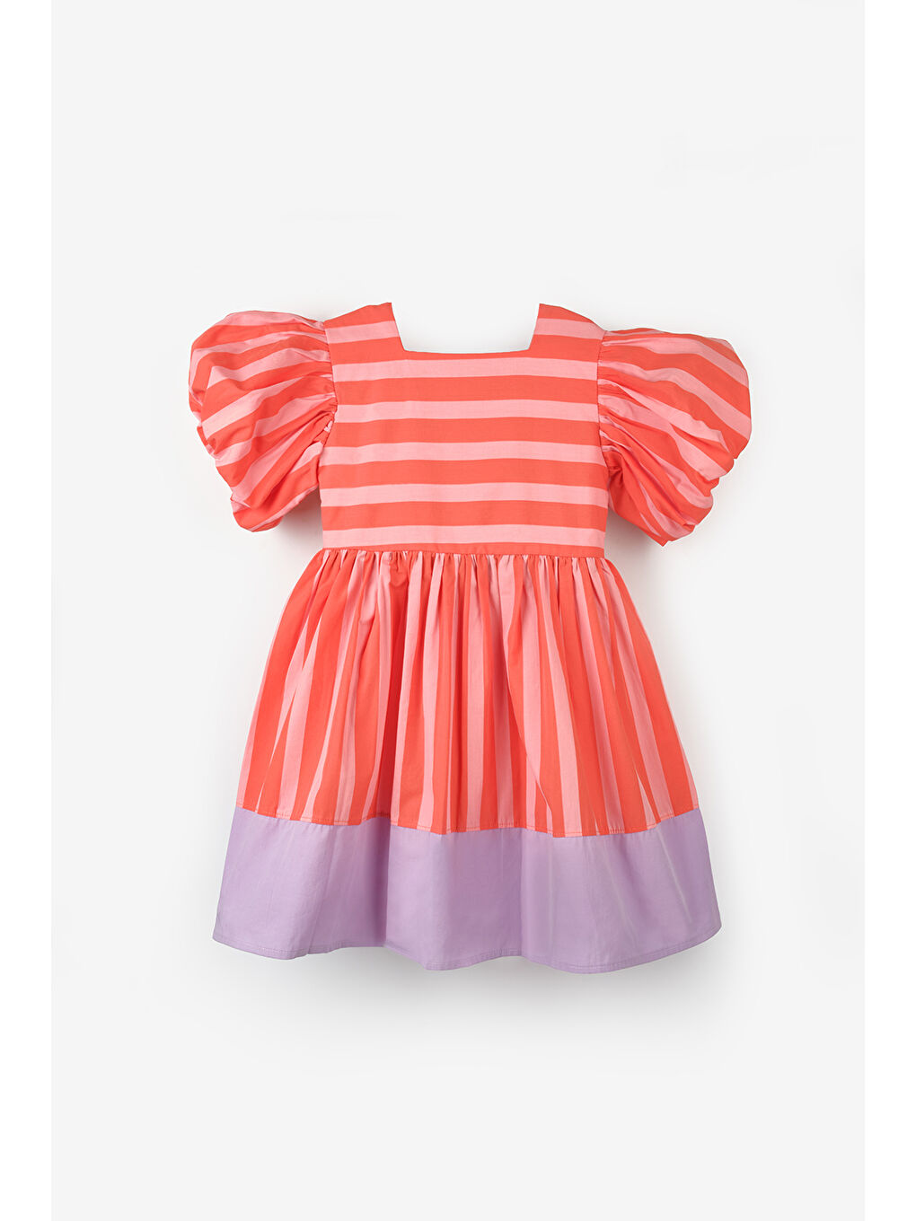 Turuncu Çizgili Kız Çocuk Poplin Elbise - Juno-4