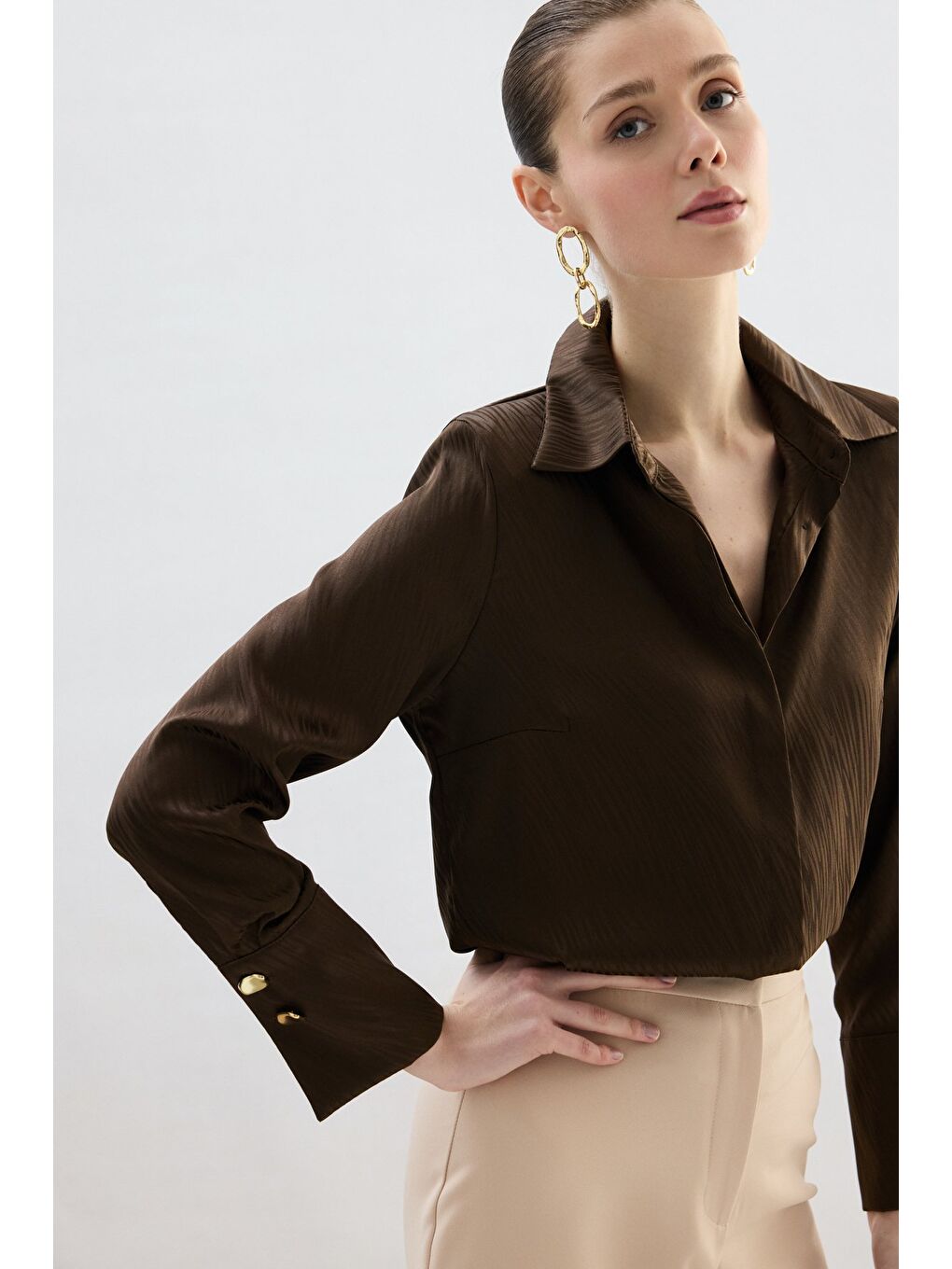 Kahverengi Zebra Desenli Gömlek - Kahve-4