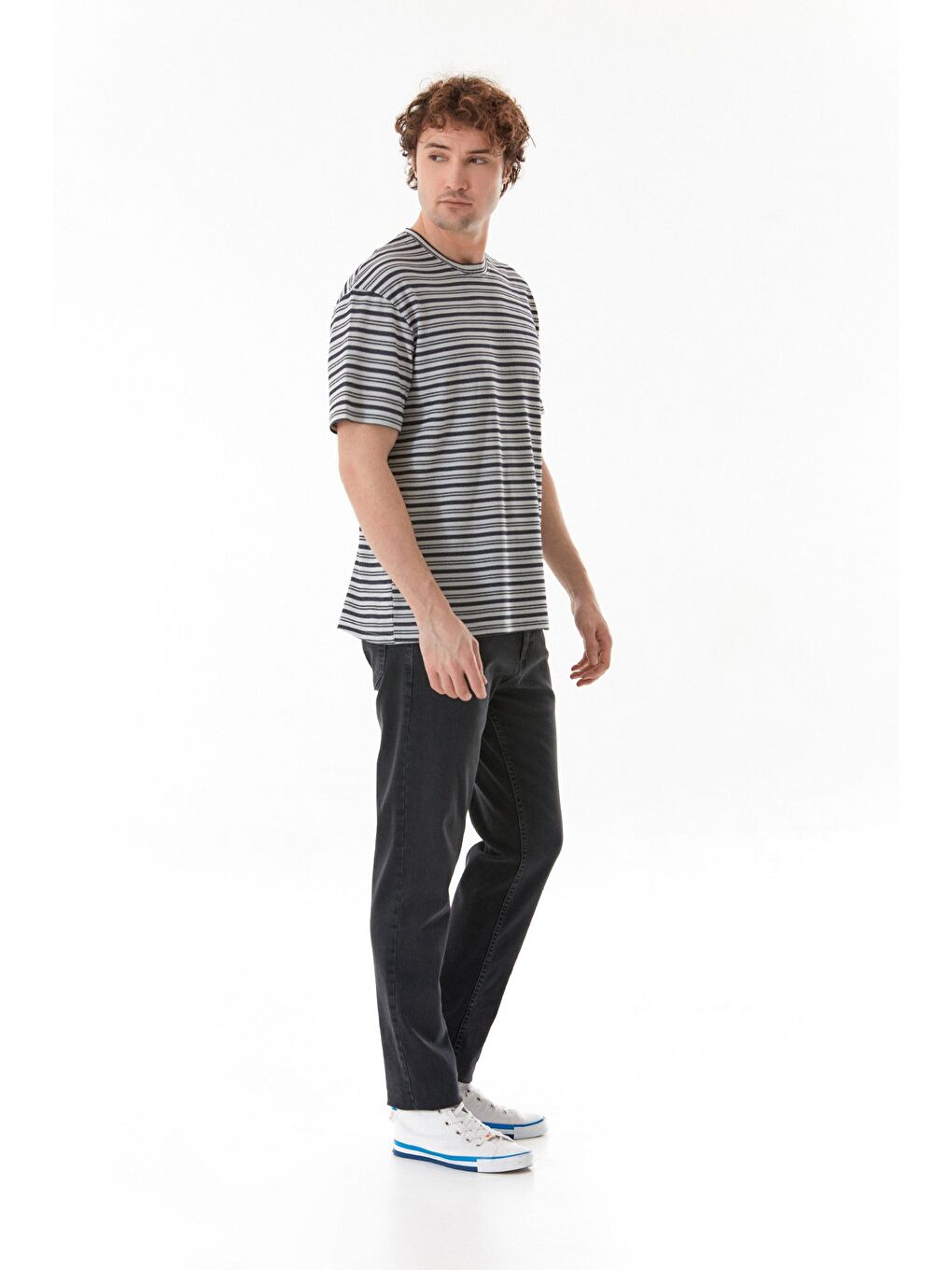 Lacivert Çizgili Jakarlı Bisiklet Yaka Tişört-2
