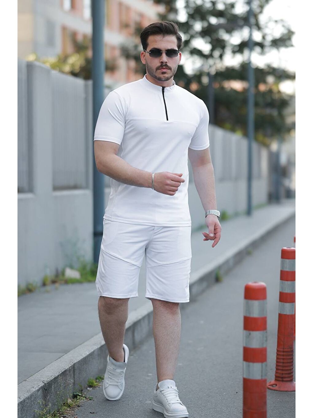 Erkek Fermuarlı Tişört Basic Şortlu Beyaz Yazlık İkili Takım