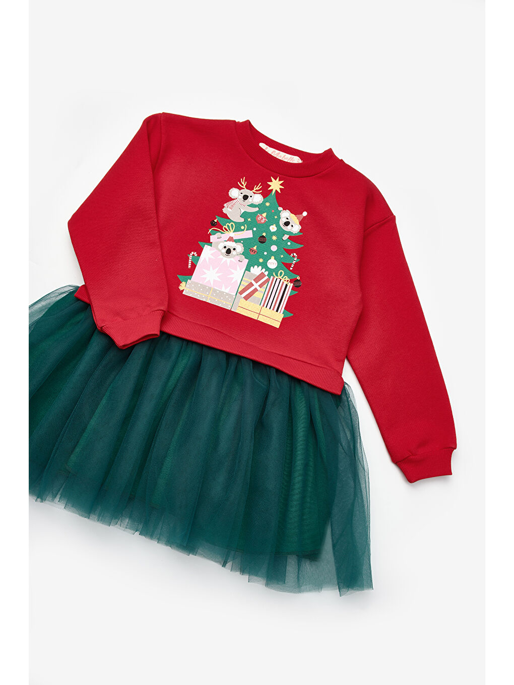 Kırmızı Koala Baskılı Kız Çocuk Yılbaşı Elbise - Renata-2