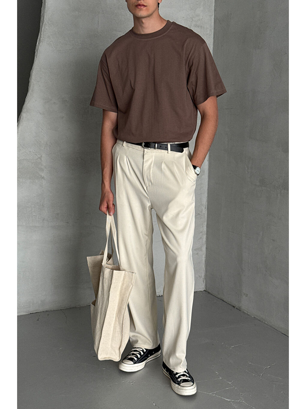 Kahverengi Erkek %100 Pamuk Oversize Basic T-shirt-5