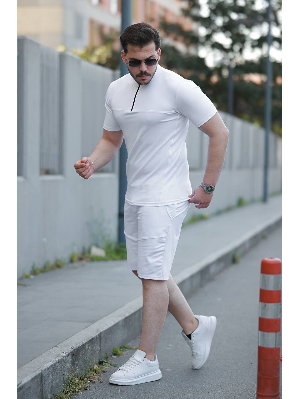 Erkek Fermuarlı Tişört Basic Şortlu Beyaz Yazlık İkili Takım-3