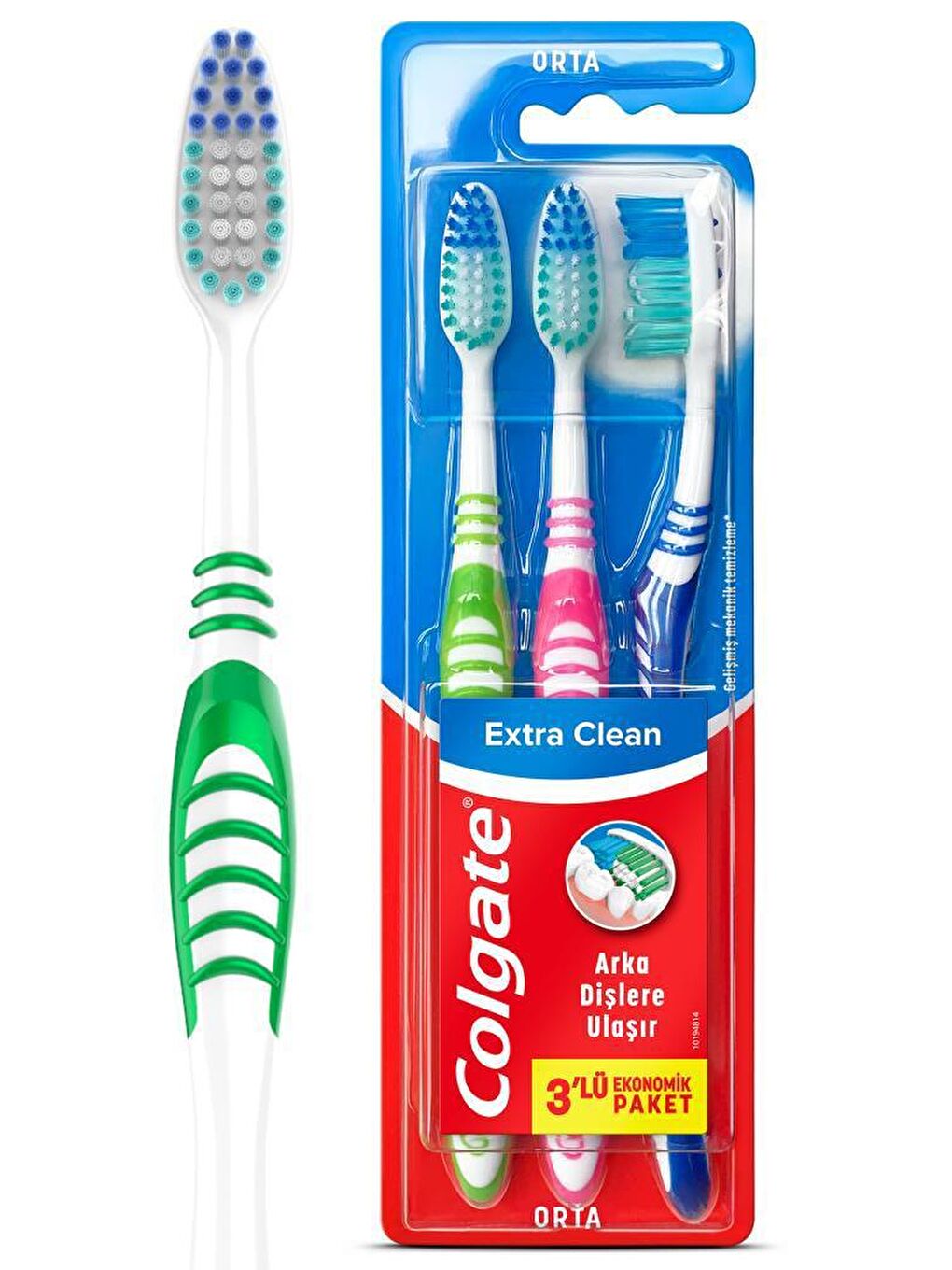 Colgate Beyaz-Pudra-Yeşil Extra CleanDil Temizleyicili Arka Dişlere Uzanan Orta Diş Fırçası 2+1 - 5