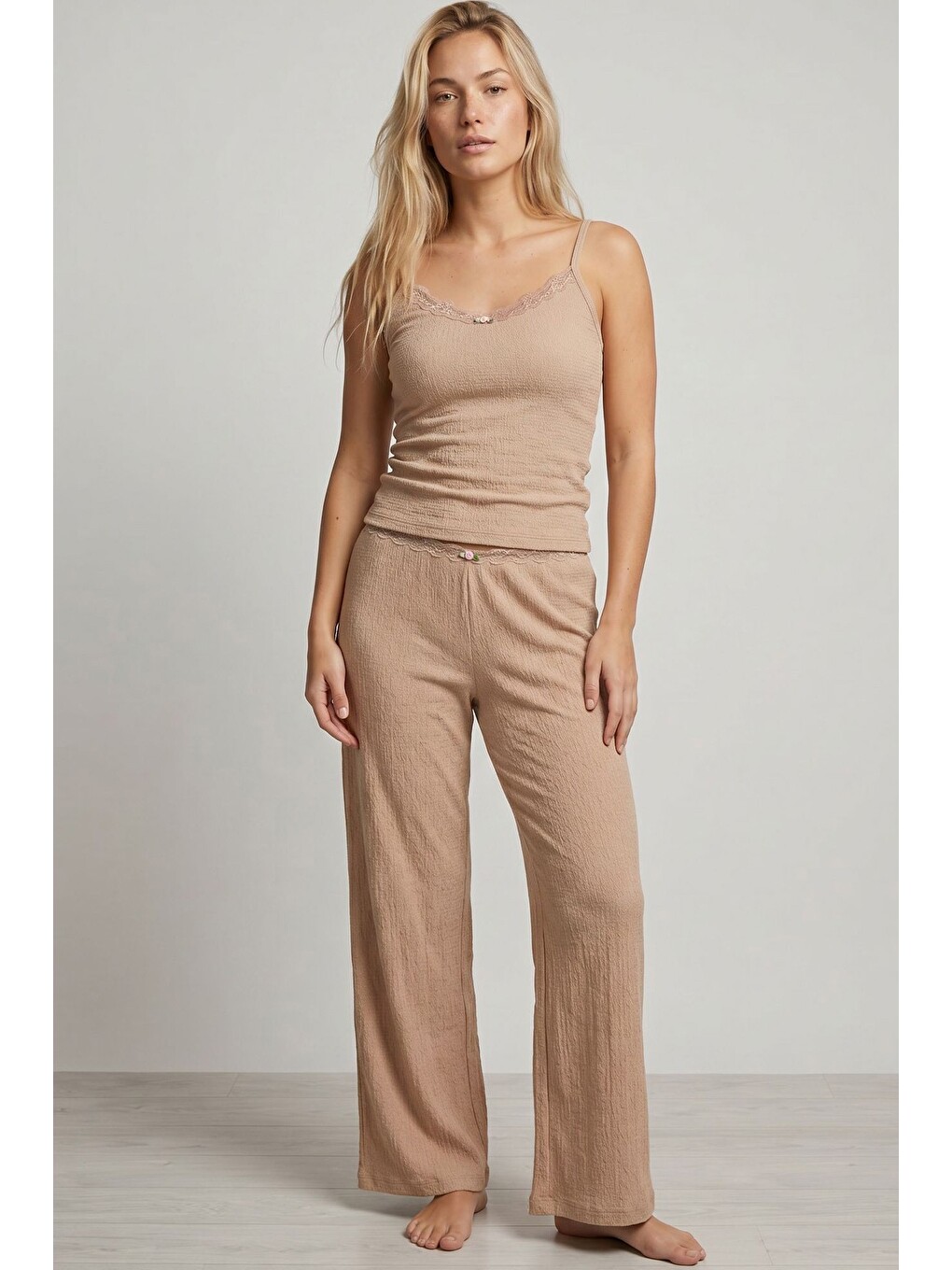 Kahverengi Bürümcük-krınkıl İp Askılı Pijama Takım 8059-1