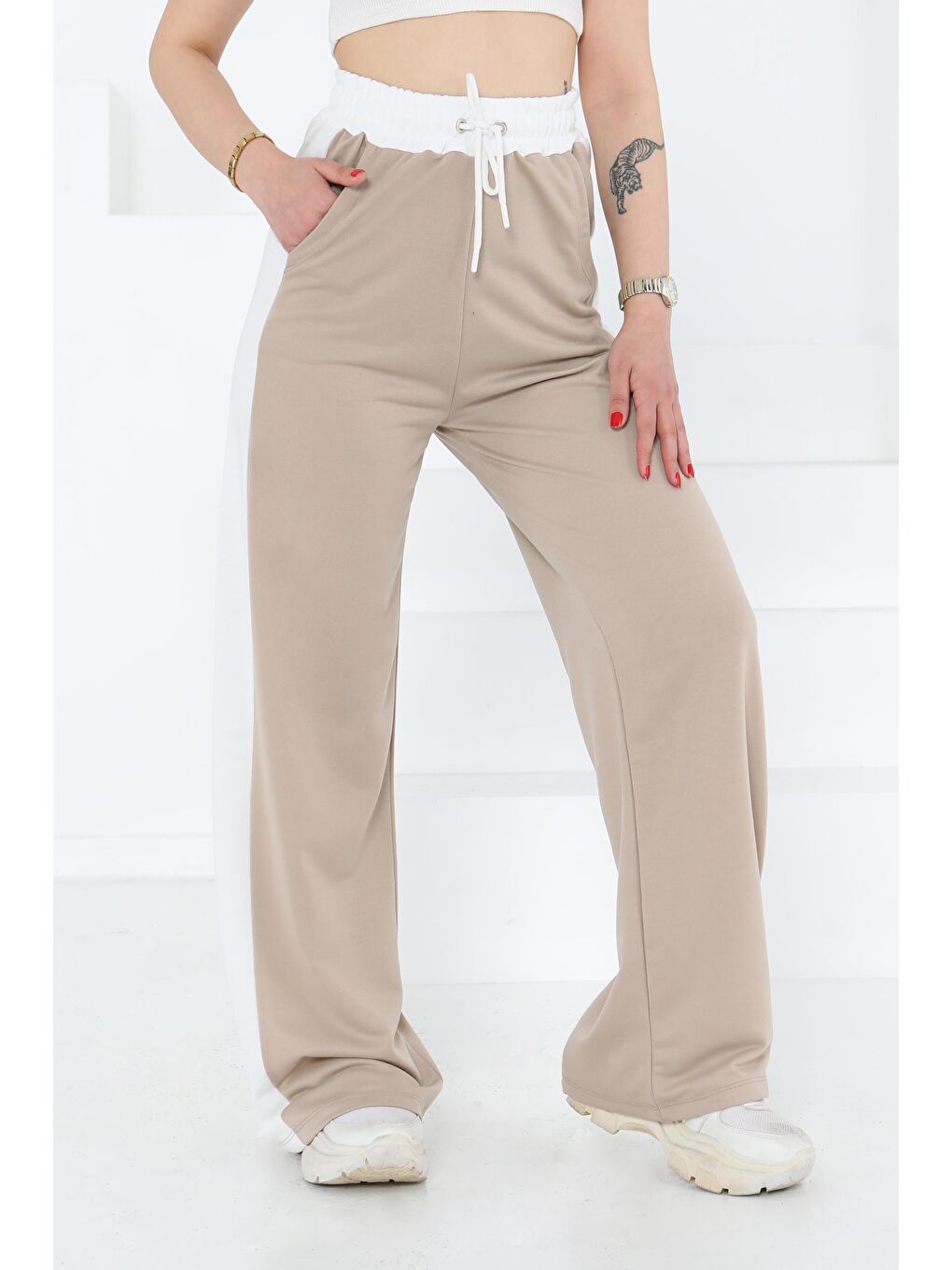 Bej Garnili Bol Pantolon Taş - 27137