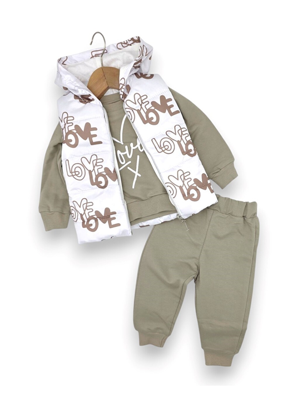 Bej Kız Bebek Mevsimlik Şişme Yelekli, Sweatshirt Ve Pantolonlu 3'lü Bebek Takımı-2