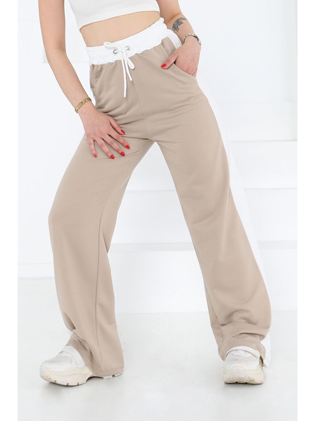 Bej Garnili Bol Pantolon Taş - 27137-1