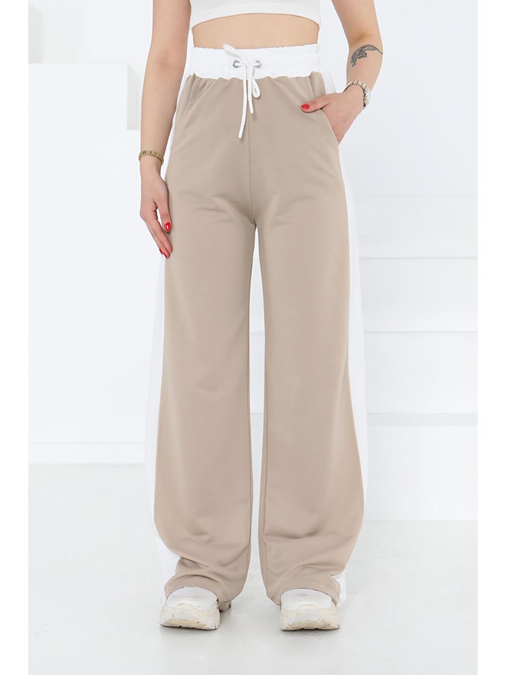 Bej Garnili Bol Pantolon Taş - 27137-3