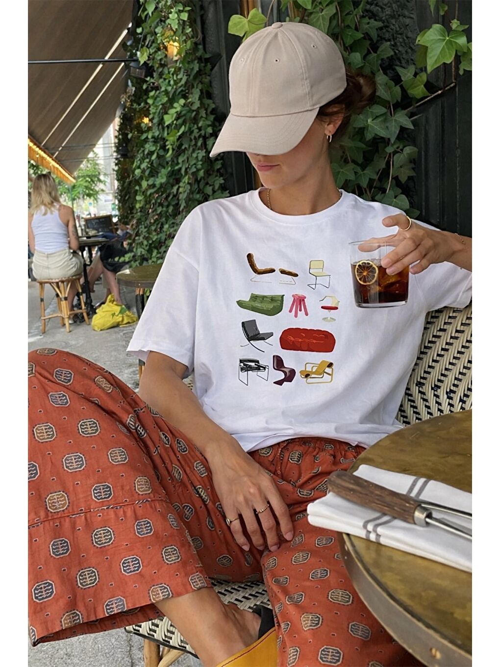 Ekru Kadın Premium Kumaş Baskılı Oversize T-Shirt