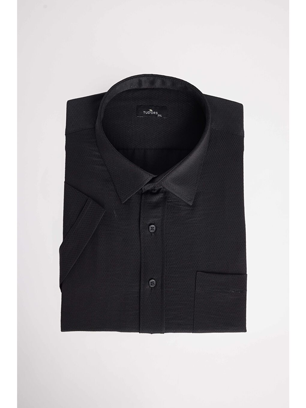 Erkek Big Size Büyük Beden Kısa Kollu Pamuklu Tek Cepli Armürlü Siyah Gömlek