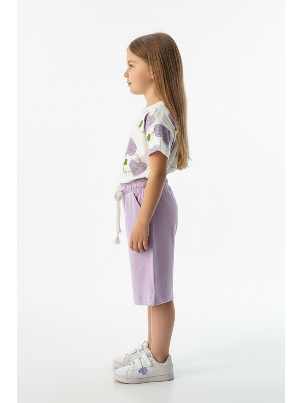 Lila Kız Çocuk 2'li Kaprili Takım Bisiklet Yaka Düşük Omuz Kısa Kollu Baskılı Tişört - Beli Lastikli Cep-1