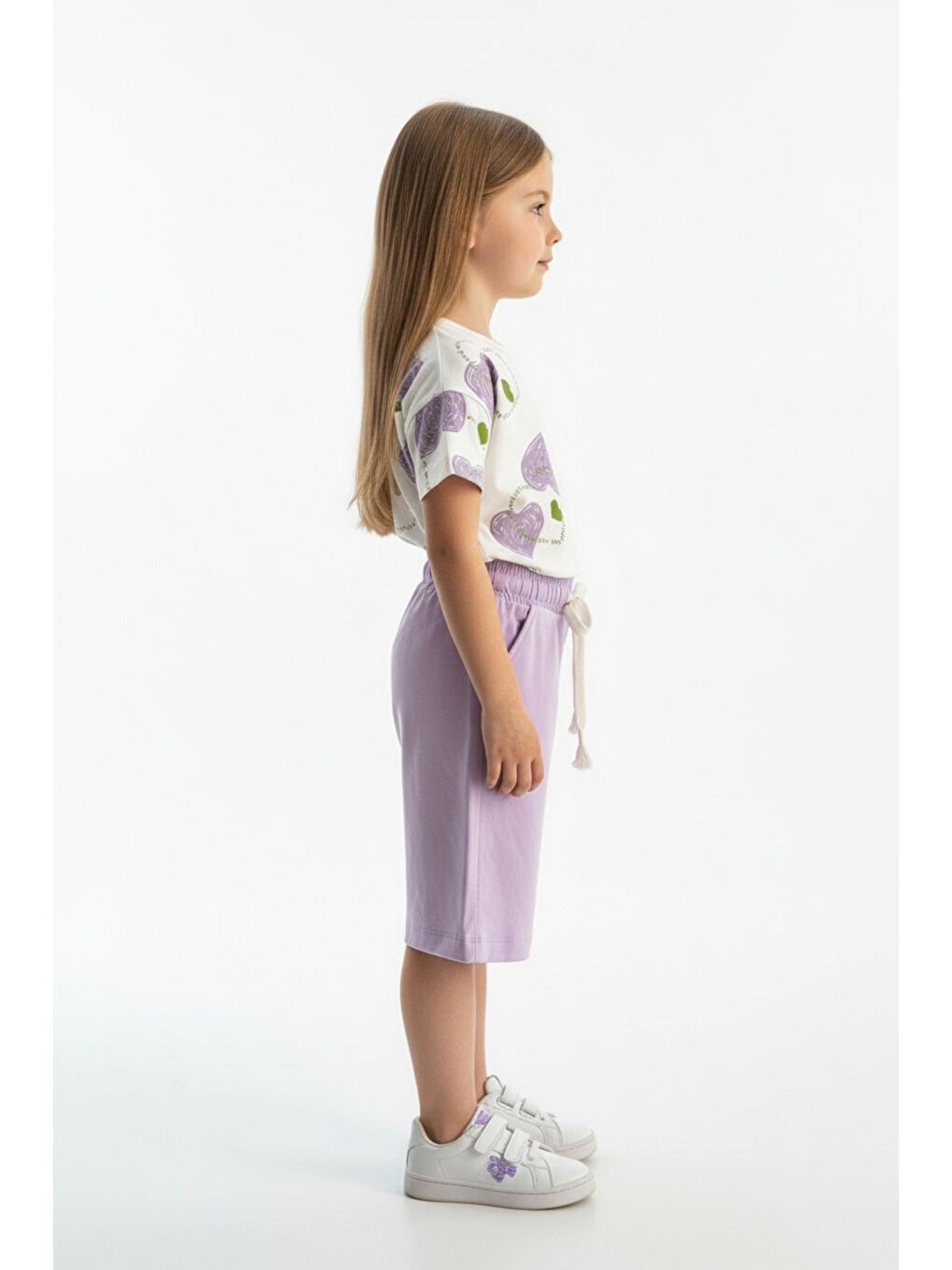 Lila Kız Çocuk 2'li Kaprili Takım Bisiklet Yaka Düşük Omuz Kısa Kollu Baskılı Tişört - Beli Lastikli Cep-2