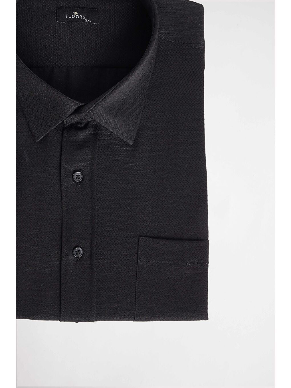 Erkek Big Size Büyük Beden Kısa Kollu Pamuklu Tek Cepli Armürlü Siyah Gömlek-2