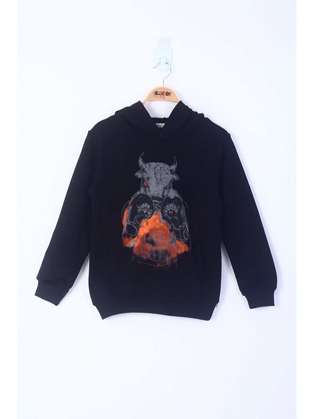 Siyah Erkek Çocuk Boks Eldivenli Boğa Baskılı Sweatshirt