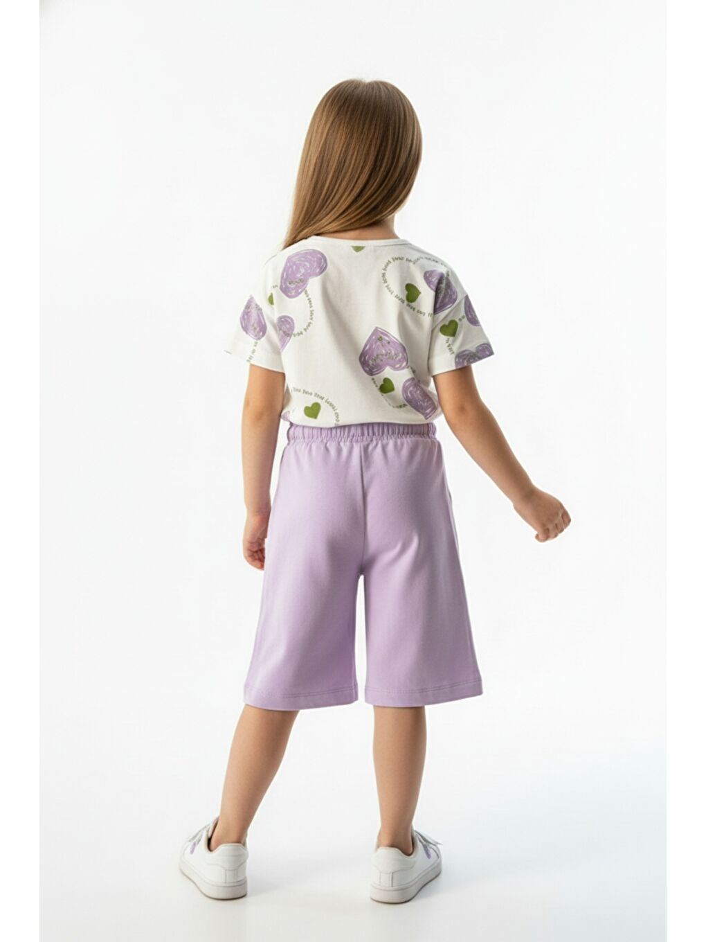 Lila Kız Çocuk 2'li Kaprili Takım Bisiklet Yaka Düşük Omuz Kısa Kollu Baskılı Tişört - Beli Lastikli Cep-3