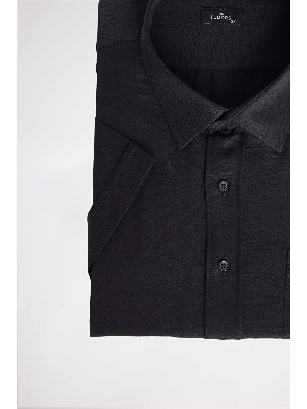 Erkek Big Size Büyük Beden Kısa Kollu Pamuklu Tek Cepli Armürlü Siyah Gömlek-3