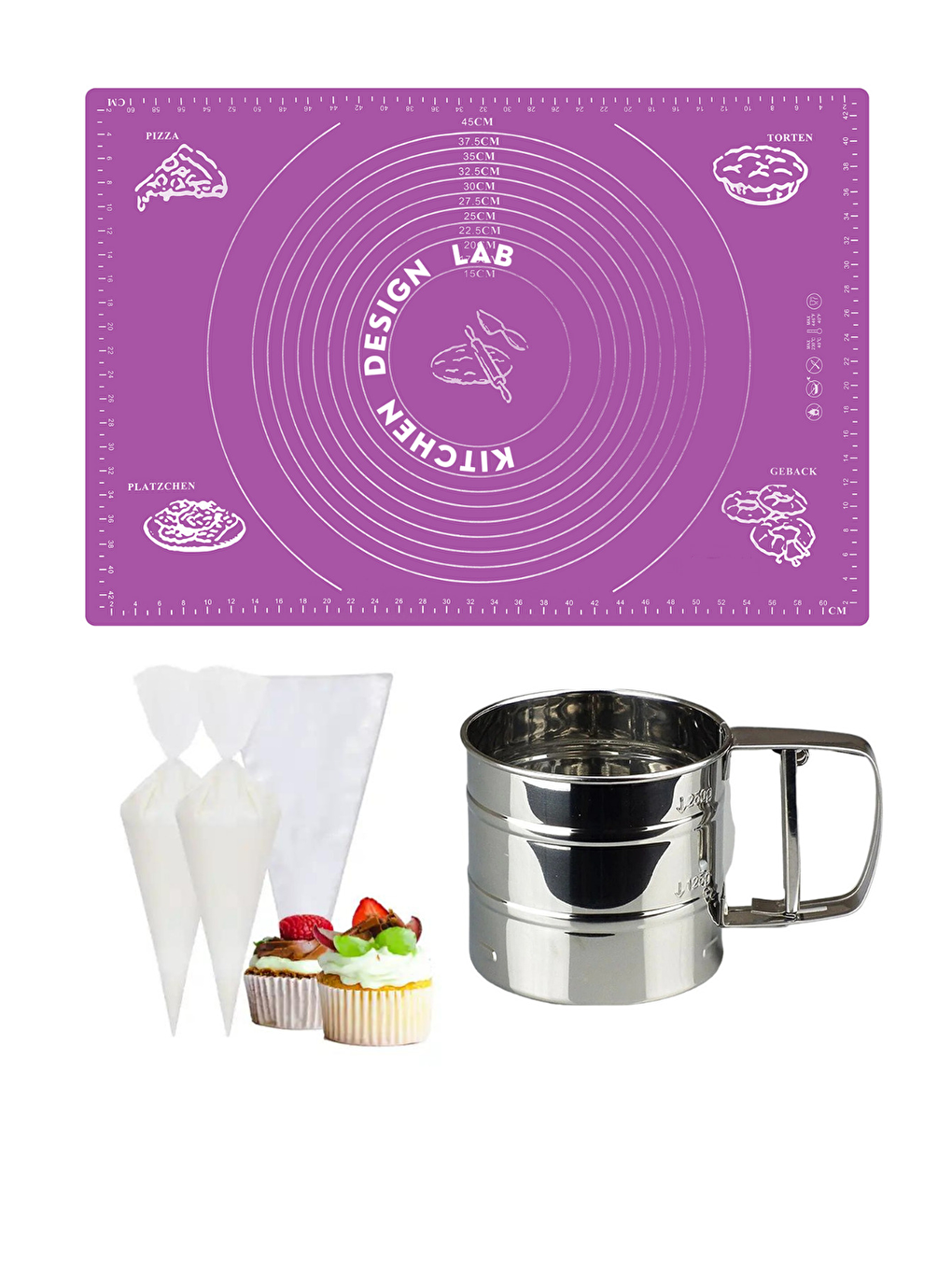 Gri Mor 45x65 cm Silikon Hamur Açma Matı Çelik Un Eleği ve Kullan At Krema Sıkma Torbası Seti