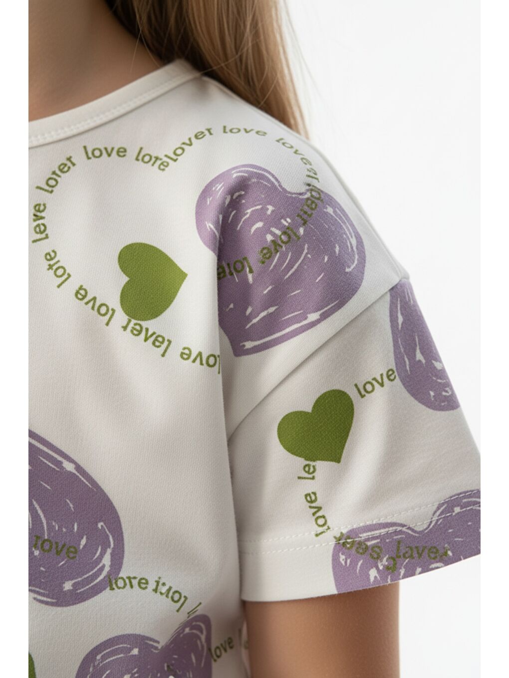 Lila Kız Çocuk 2'li Kaprili Takım Bisiklet Yaka Düşük Omuz Kısa Kollu Baskılı Tişört - Beli Lastikli Cep-4