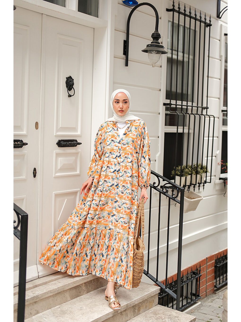 Kadın Çicek Desenli Elbise Turuncu-1