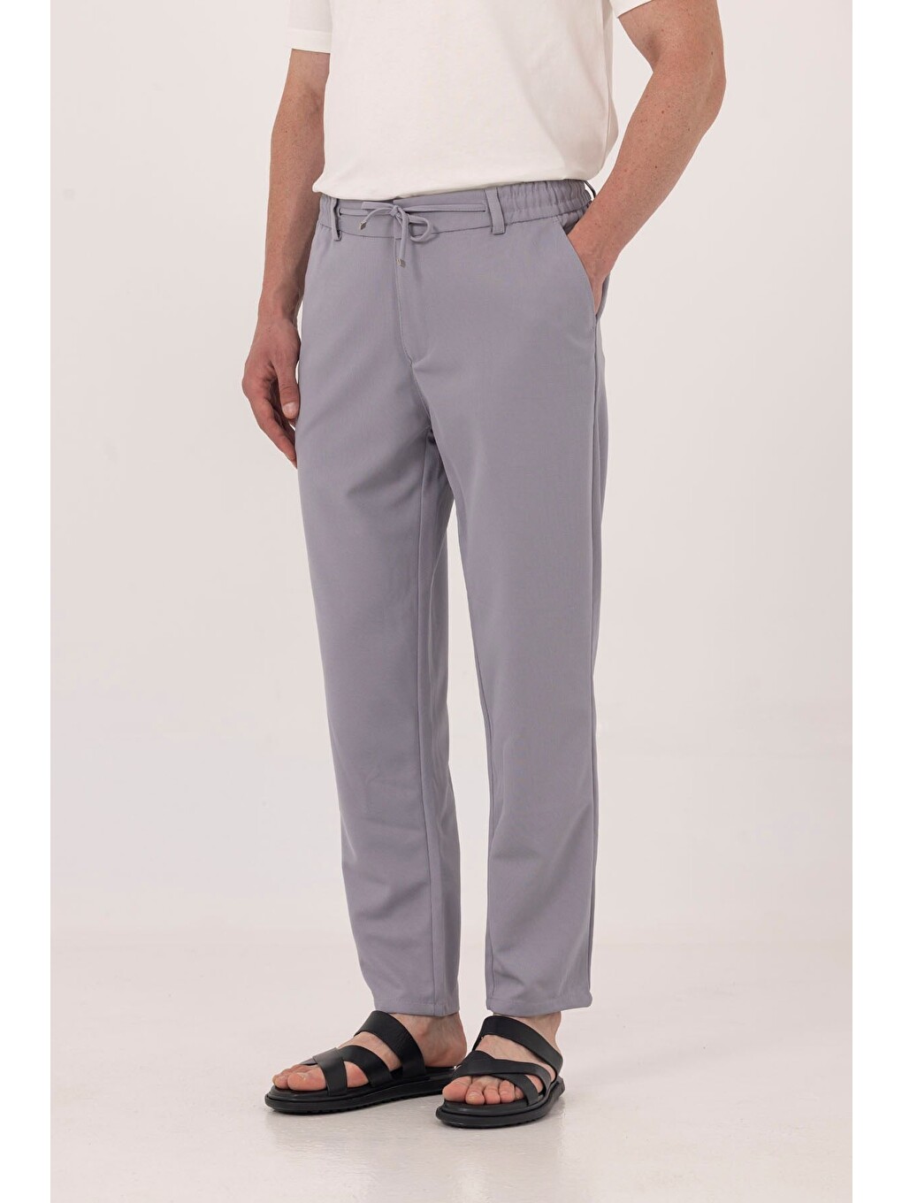 Gri Dokulu Arka Lastikli Köprü Kemerli Bağcıklı Slim Fit Jogger Pantolon-2