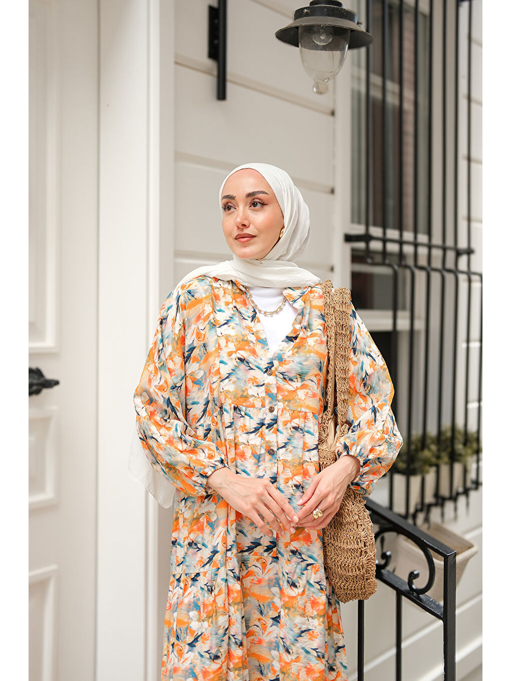 Kadın Çicek Desenli Elbise Turuncu-2