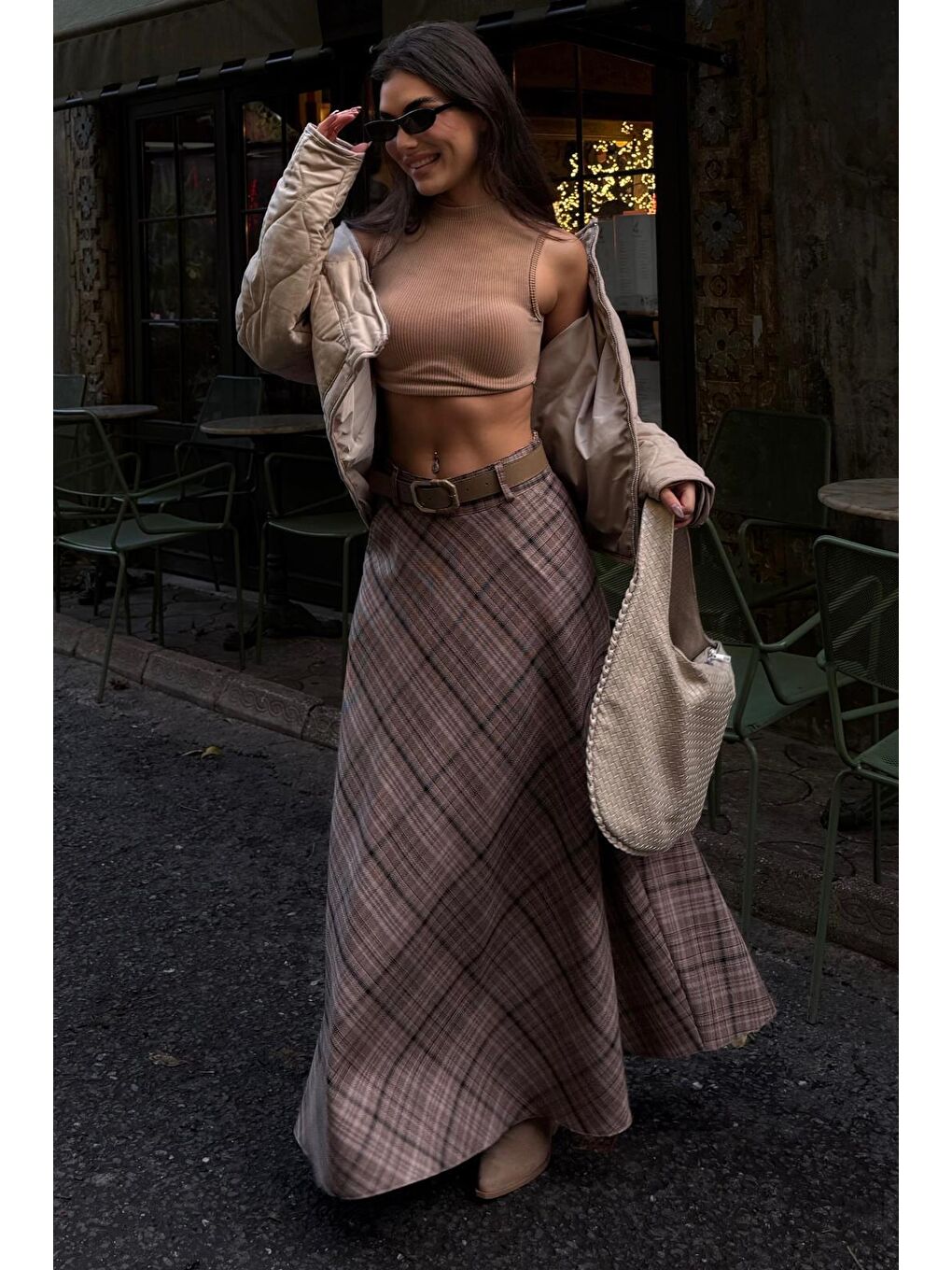 Bej Vizon Ekose Desenli Cepli Kemerli Uzun Kadın Etek Mg2636-1