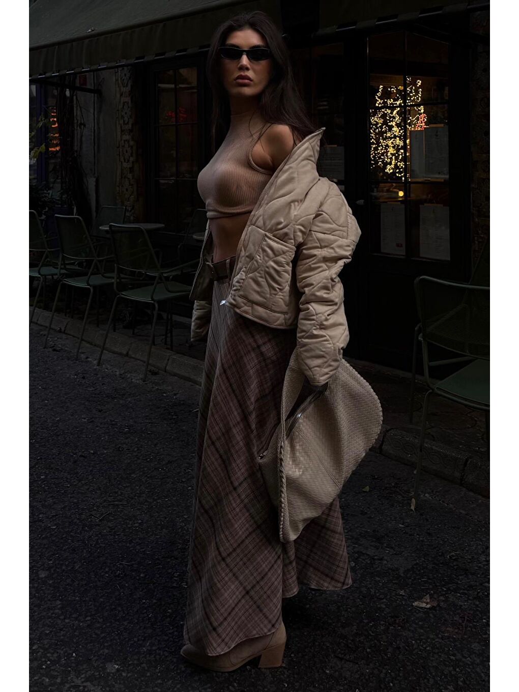 Bej Vizon Ekose Desenli Cepli Kemerli Uzun Kadın Etek Mg2636-2