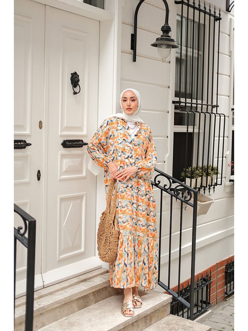 Kadın Çicek Desenli Elbise Turuncu-3