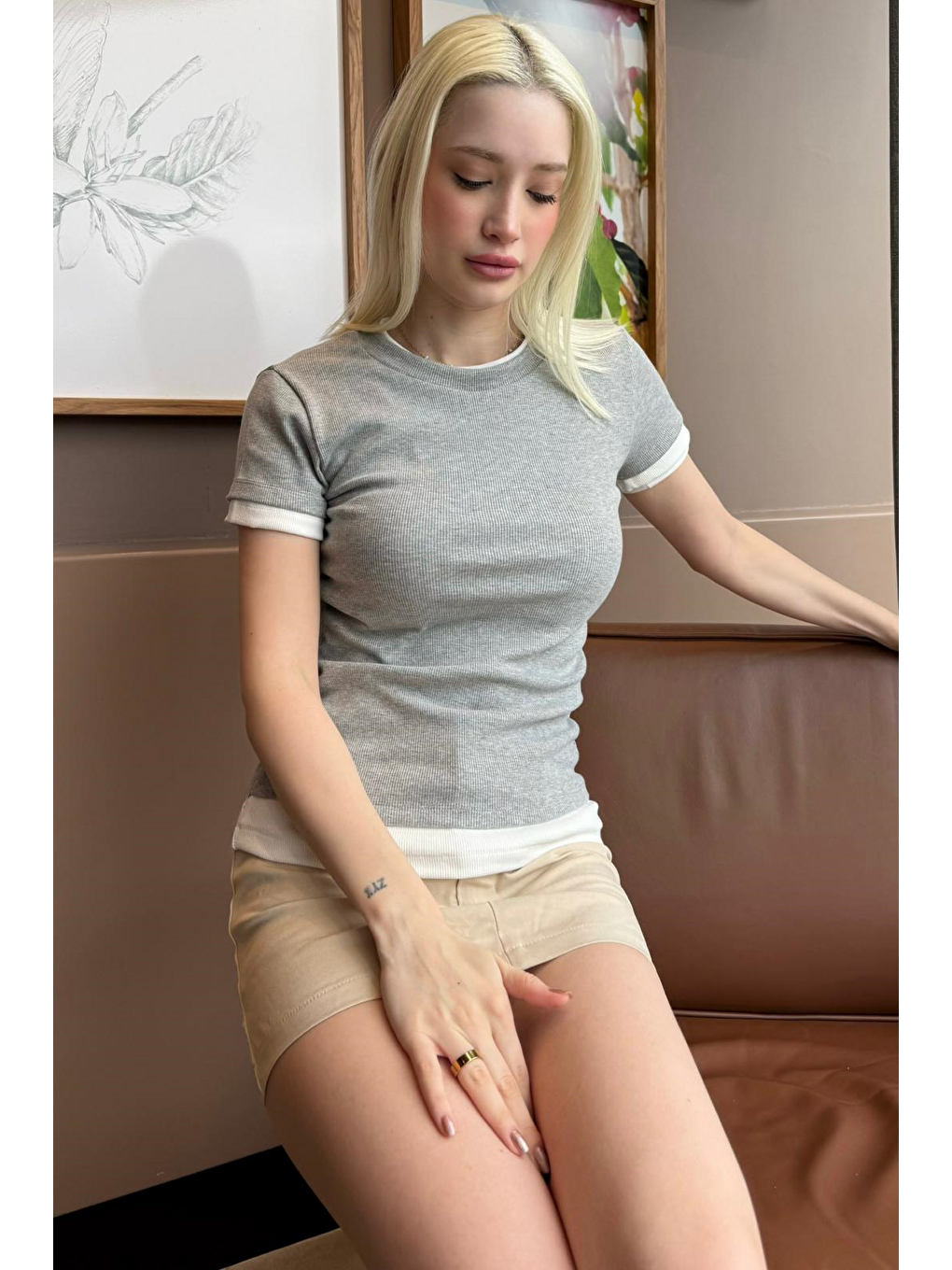 Gri Bisiklet Yaka Çift Renkli Basic Tişört Mg2682-2