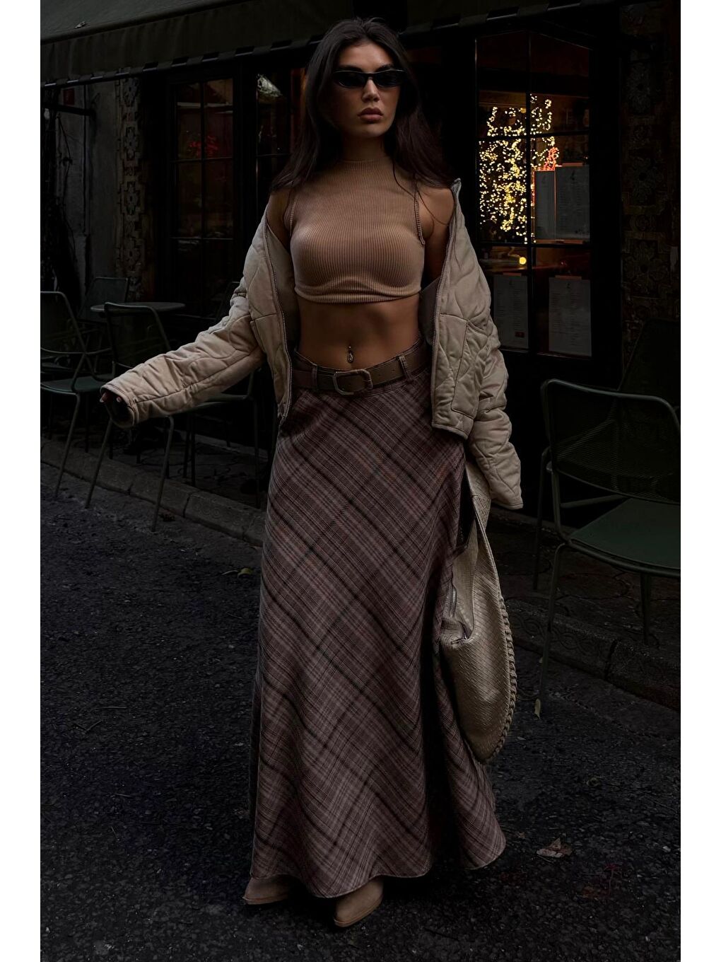 Bej Vizon Ekose Desenli Cepli Kemerli Uzun Kadın Etek Mg2636-3