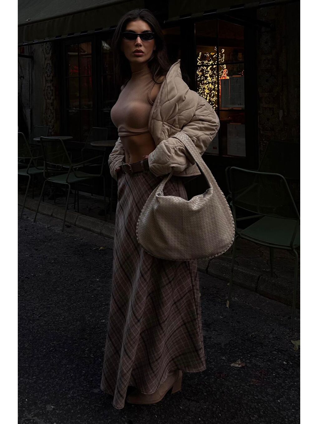 Bej Vizon Ekose Desenli Cepli Kemerli Uzun Kadın Etek Mg2636-4