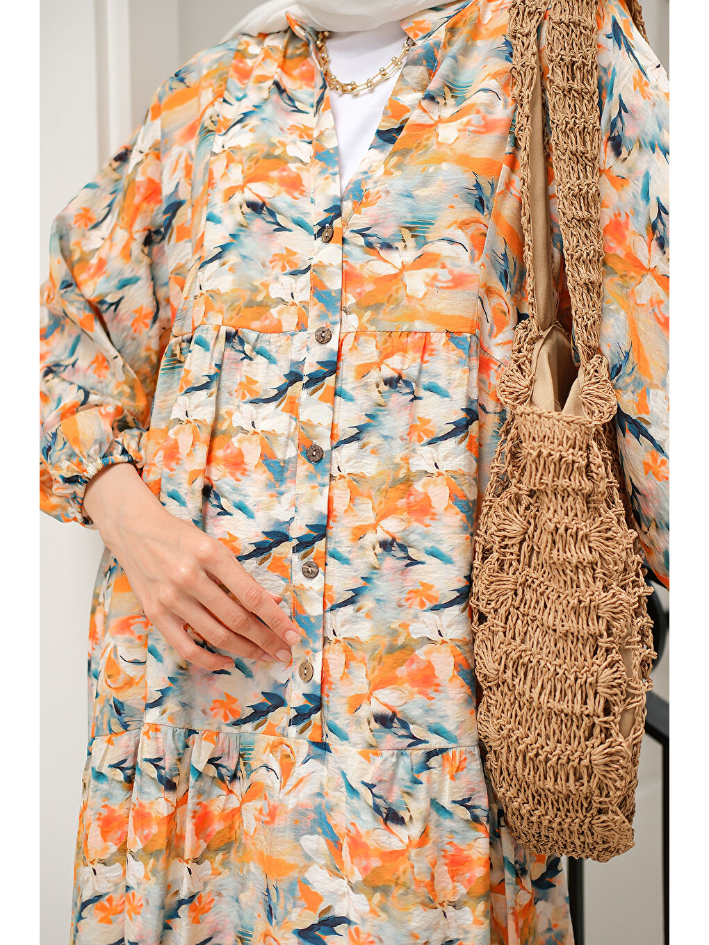 Kadın Çicek Desenli Elbise Turuncu-4