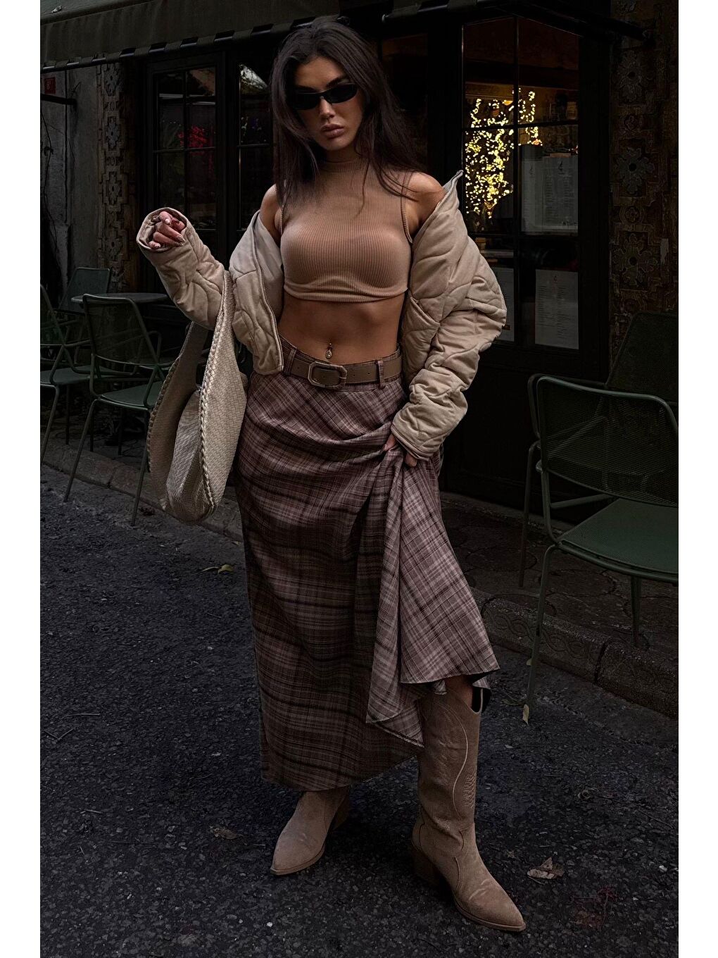 Bej Vizon Ekose Desenli Cepli Kemerli Uzun Kadın Etek Mg2636-5