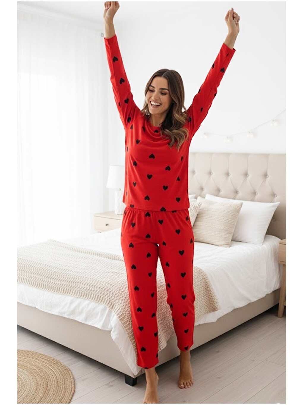 Karışık Narçiçeği Siyah Kalp Baskılı Örme Pamuklu Pijama Takımı7613-1