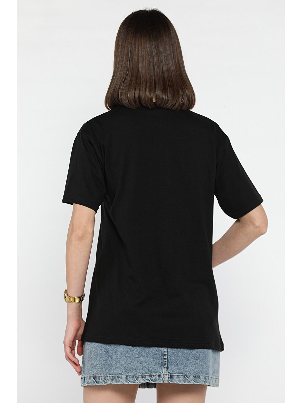 Siyah Baskılı Taşlı Kadın Tişört-2