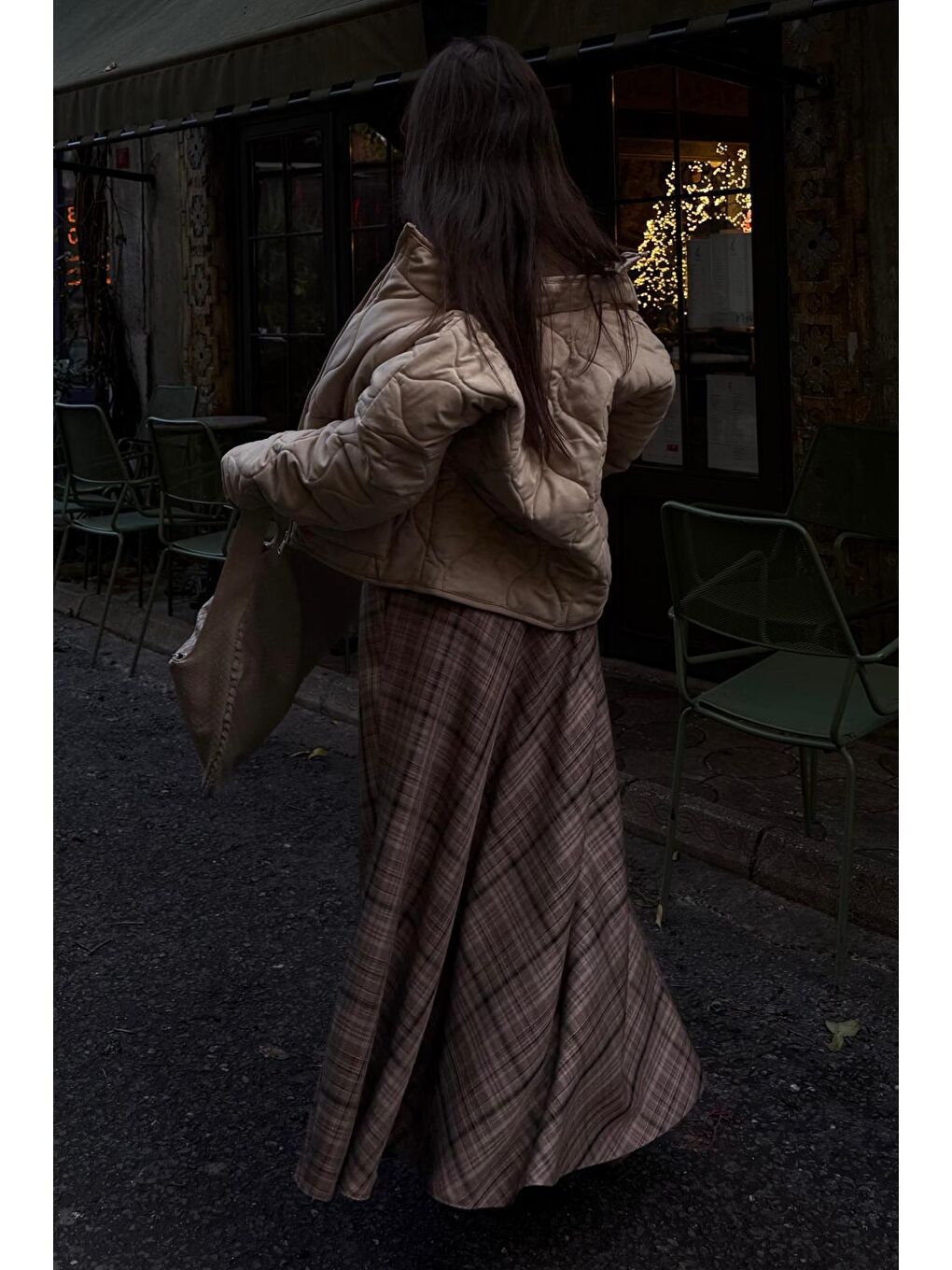 Bej Vizon Ekose Desenli Cepli Kemerli Uzun Kadın Etek Mg2636-6