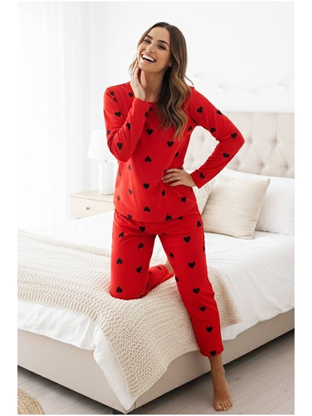 Karışık Narçiçeği Siyah Kalp Baskılı Örme Pamuklu Pijama Takımı7613-2