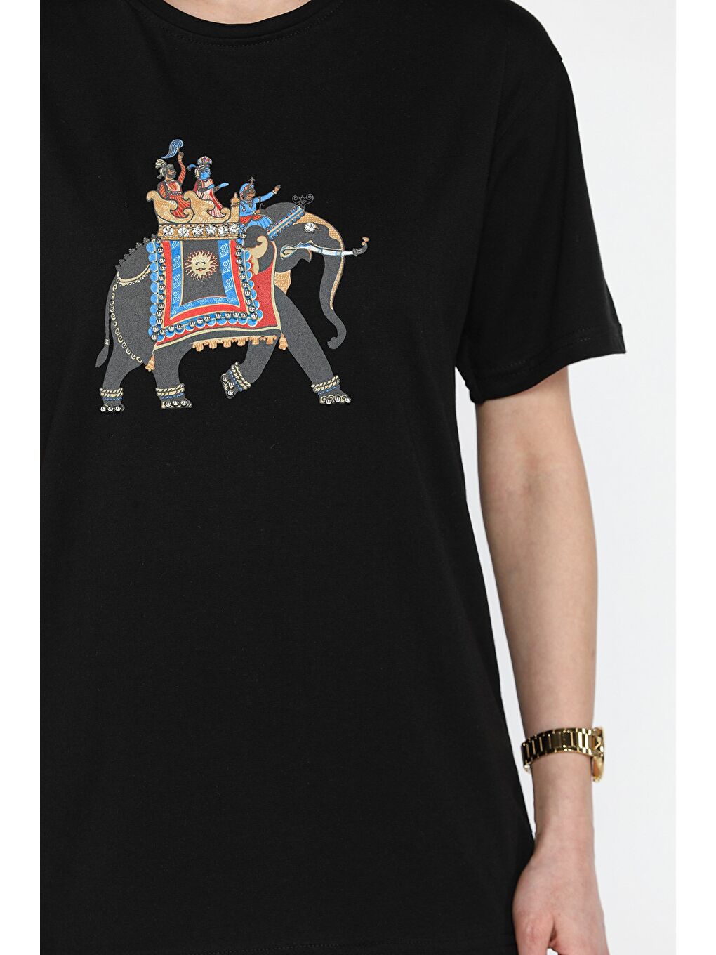 Siyah Baskılı Taşlı Kadın Tişört-3