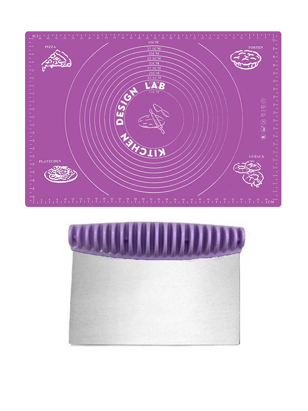 2'li Set Mor 45x65 cm Silikon Hamur Açma Matı Ve Çelik Spatula Hamur Kesici Set