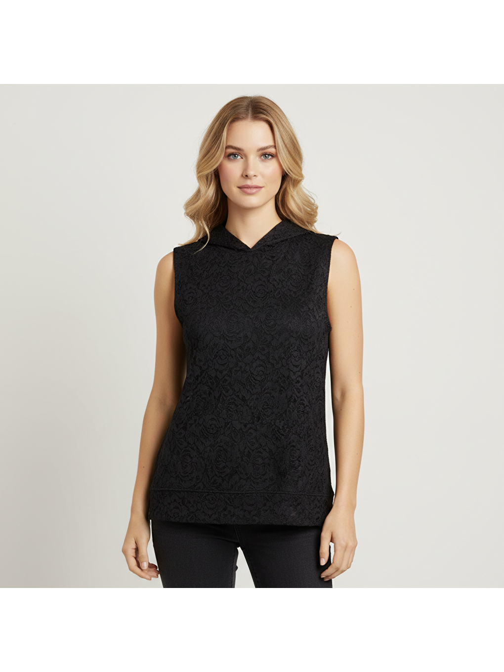 Siyah Kadın Dantel Kolsuz Kapüşonlu Tshirt Bb2325