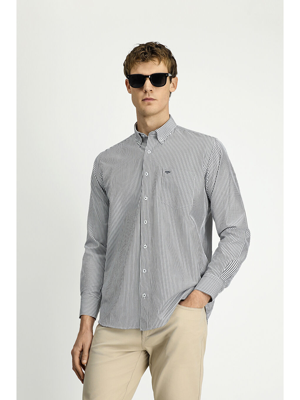 Antrasit Uzun Kol Regular Fit Çizgili Düğmeli Yaka Pamuklu Kolay Ütülenebilir Gömlek