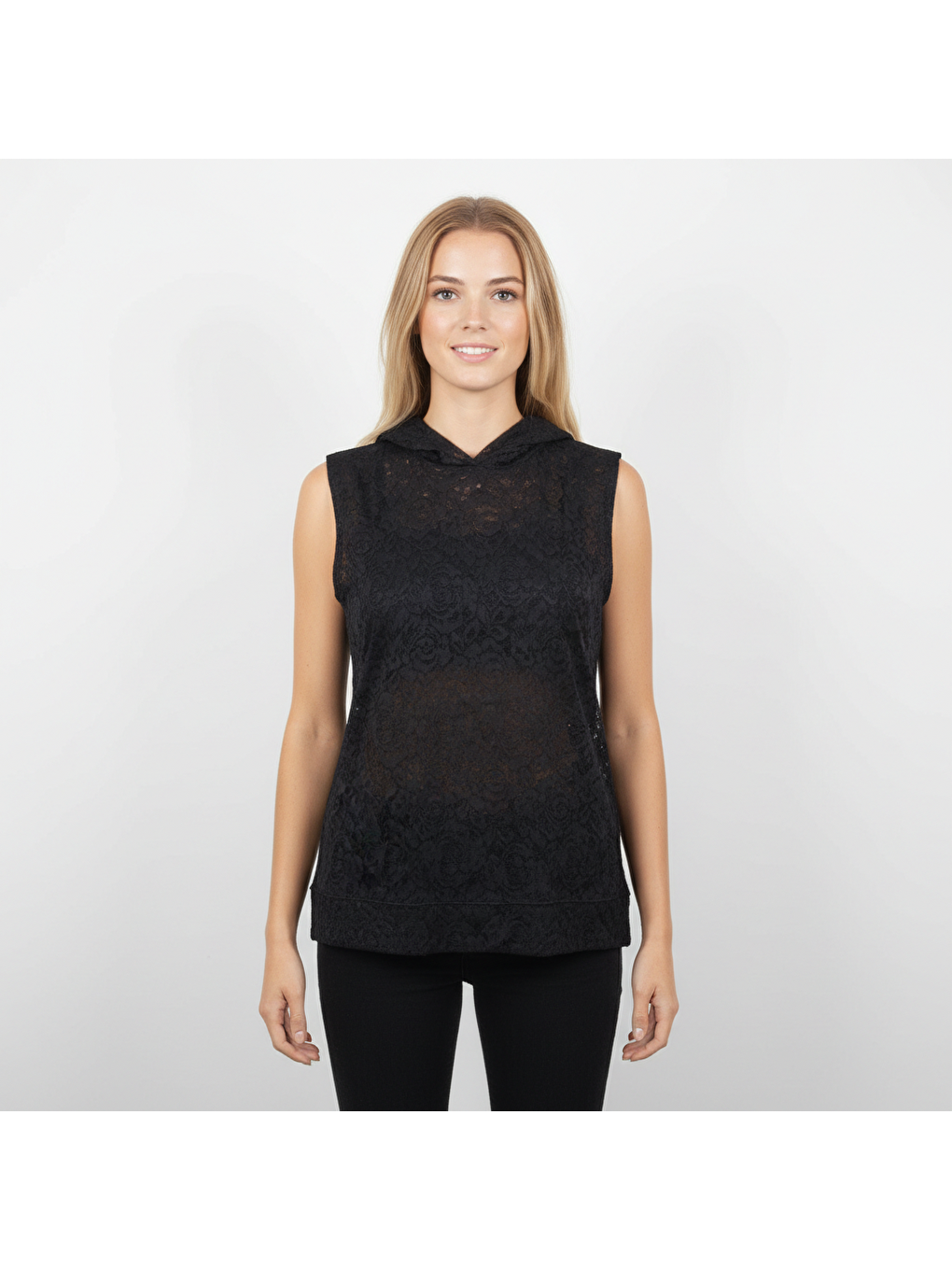 Siyah Kadın Dantel Kolsuz Kapüşonlu Tshirt Bb2325-1