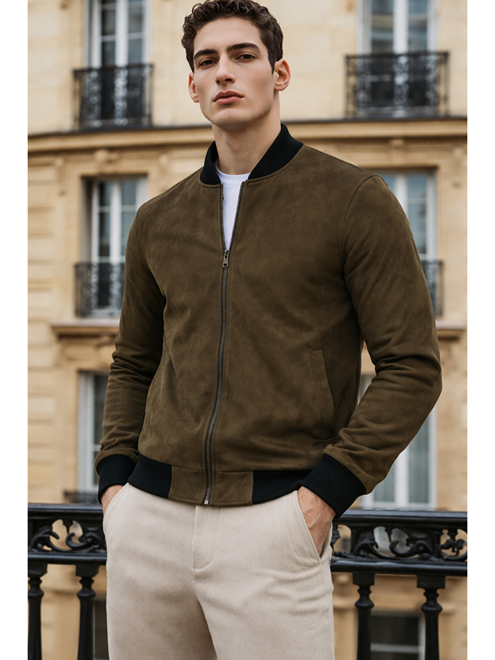 Erkek Trend Dar Astarsız Nubuk Süet Haki Ceket