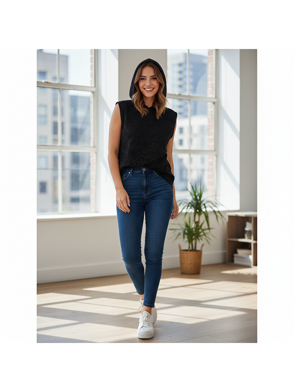 Siyah Kadın Dantel Kolsuz Kapüşonlu Tshirt Bb2325-3