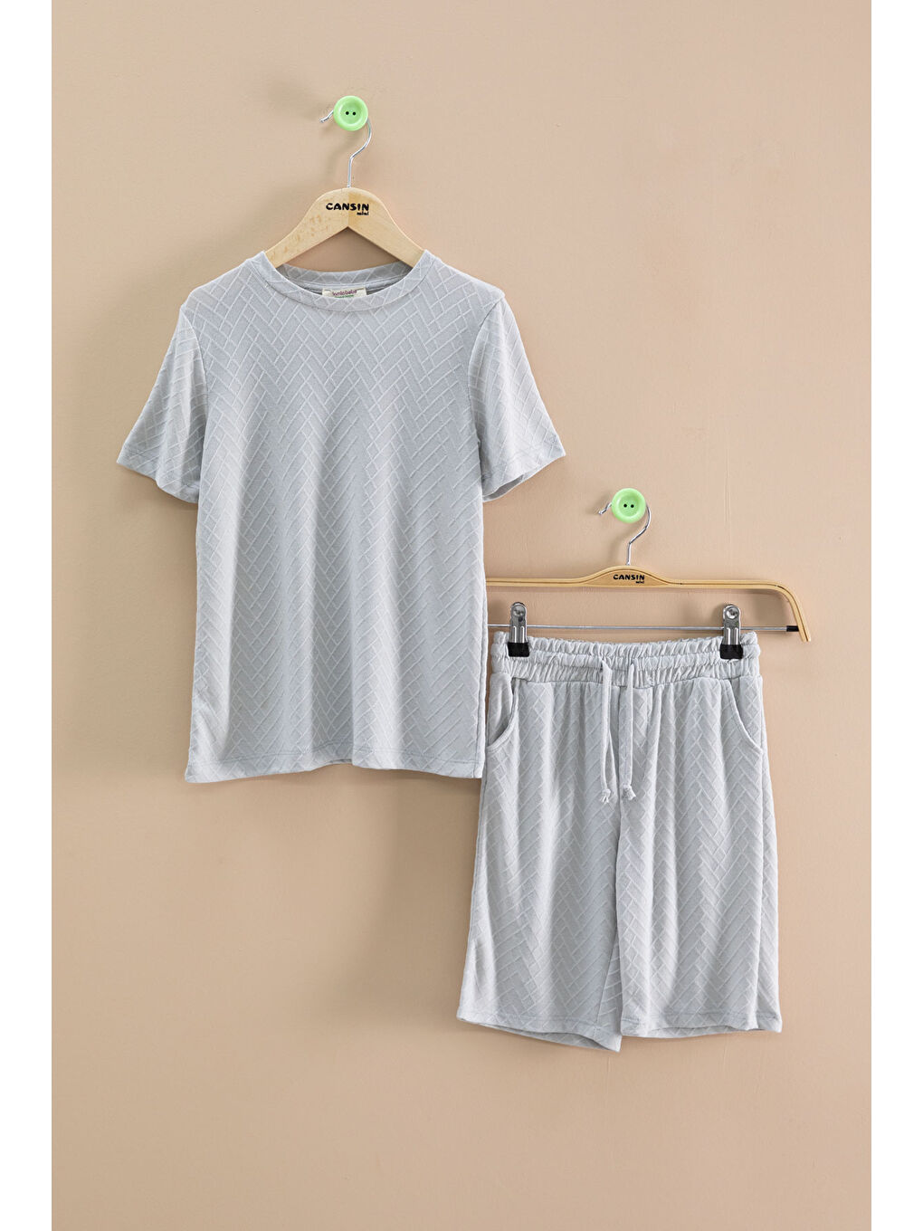 Gri Çizgi Desenli Bisiklet Yaka Tişörtlü Erkek Çocuk Şortlu Takım 20785