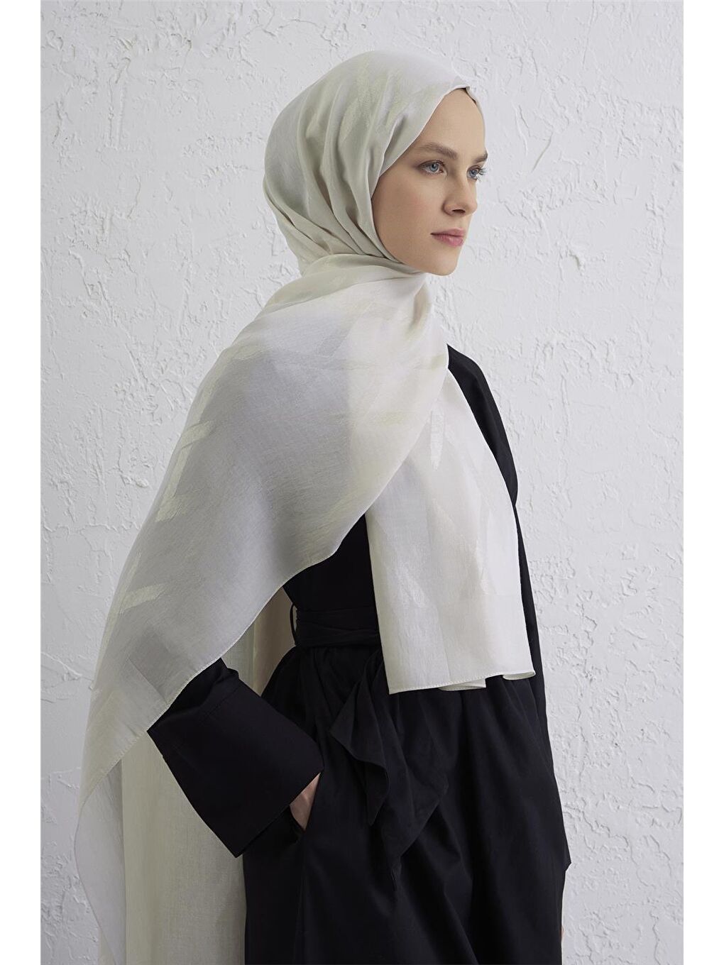 Ekru Lyocell Naia Zikzak Desen Şal 1- 17-1