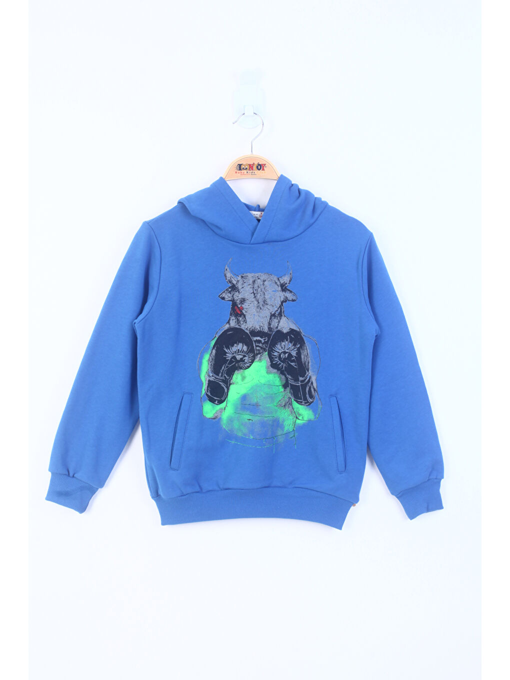 Mavi Erkek Çocuk Boks Eldivenli Boğa Baskılı Sweatshirt
